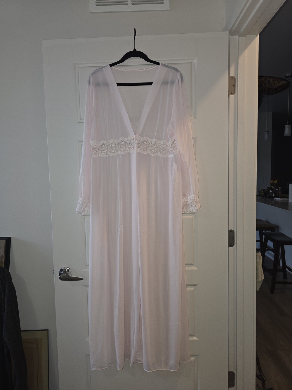 Shadow Line Sheer Lace-Trim Long Nightgown - Pink With Pockets
